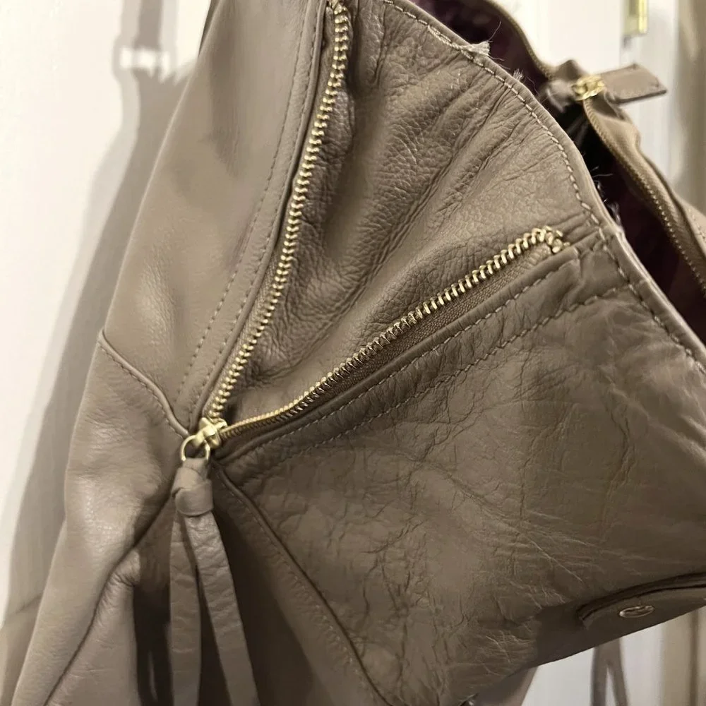 KOOBA Large Taupe Leather Purse-2 Straps-Soft-Gold-Purple Lining-Expands-Hobo